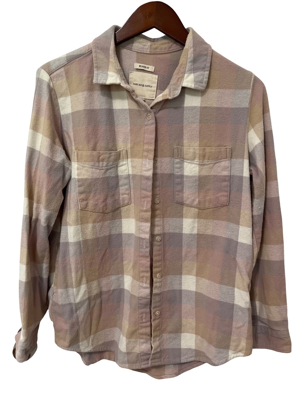 Thread & Supply Women’s Medium Tan Plaid Button Up Shirt Casual Top